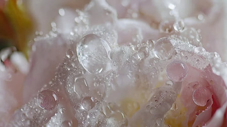Close-up of a soft pink rose, fresh dew glistening on its gentle petalsの素材