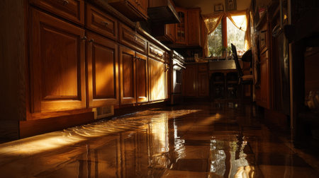 A captivating view of a sunlit kitchen floor illuminating wooden cabinets, creating a cozy ambiance. The reflections on the polished surface add warmth and charm.の素材