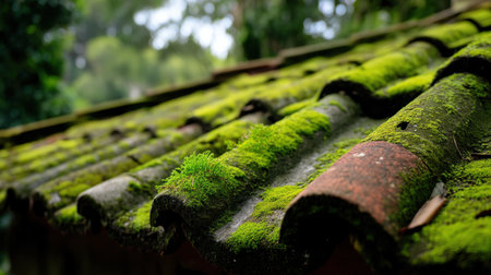A closeup view of mossy rooftiles creates a vibrant texture against a serene garden backdrop, capturing the beauty of nature's reclaiming hands in gentle sunlight.の素材