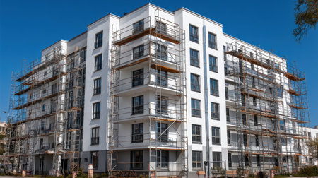 A modern apartment building showcases ongoing construction with scaffolding and a clear blue sky. This image captures urban development and architectural progress.の素材