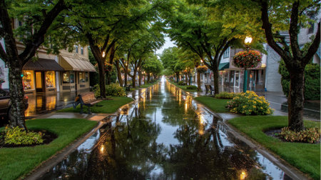 A tranquil street scene showcasing a peaceful atmosphere with lush green trees and wet pavement reflecting the charm of urban nature after rainfall.の素材