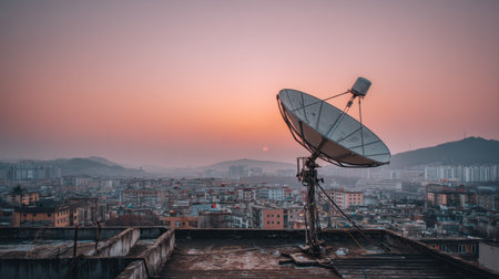 A stunning view of a satellite dish on an urban rooftop, silhouetted against a vibrant sunrise. The soft hues of pink and orange highlight the cityscape, showcasing technology in harmony with nature.の素材