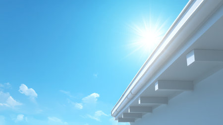 A stunning view of a modern roof under a bright sunny sky. The image captures clear blue skies and fluffy white clouds, perfect for themes of architecture and nature.の素材