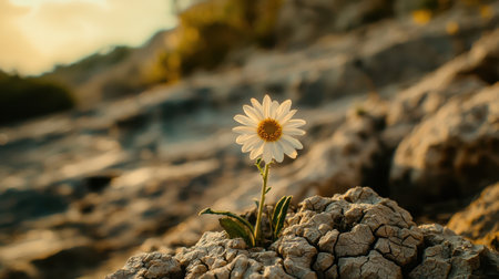 A single flower grows in the middle of dry, cracked terrain, a symbol of hope and nature's ability to thrive in challenging environments.の素材
