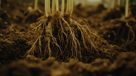 A close-up shot of dry, cracked soil with new plant roots beginning to grow, symbolizing hope, resilience, and environmental renewal.の素材