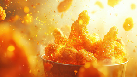 Golden crispy fried chicken piled high in a bucket, steaming hot, and deliciously appetizing, perfect for food promotions.の素材