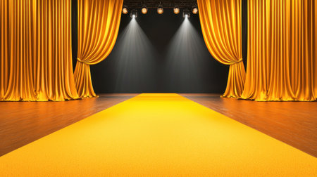 A vibrant yellow carpet guides the way to a grand stage, with drapes dramatically parting to reveal a glowing, spotlighted centerpiece.の素材