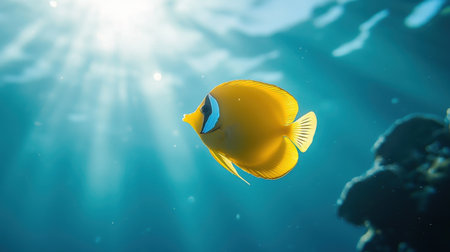 A small butterflyfish gliding through the endless blue ocean.の素材