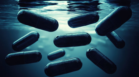 Scattered pills glistening underwater, their surfaces catching light as it dances, creating a surreal and dreamlike moment beneath the surface.の素材