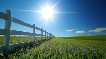 A green meadow bordered by a white fence beneath a radiant blue sky, capturing the peaceful essence of rural landscapes and tranquility.の素材