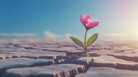 A touching image of one flower blooming in the middle of barren, cracked ground, symbolizing beauty in resilience and new beginnings.の素材