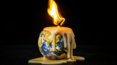 The planet as a melting candle, flames engulfing its edges while hot wax pools beneath.の素材