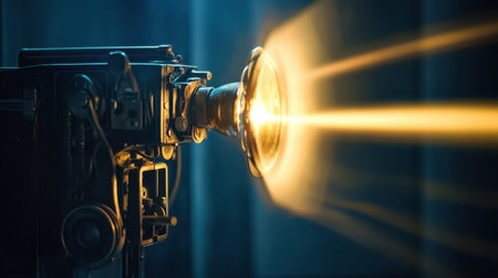 Vintage movie night with an antique projector casting golden light onto a small audience in a dim room.の素材