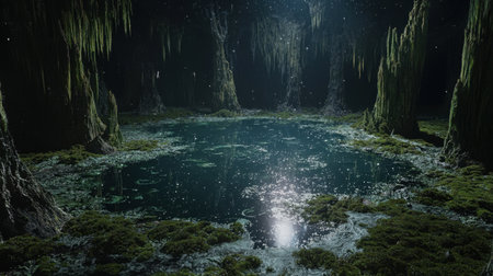 A dreamlike vision of a sphagnum bog levitating in space, its mossy tendrils and reflective pools suspended in perfect equilibriumの素材