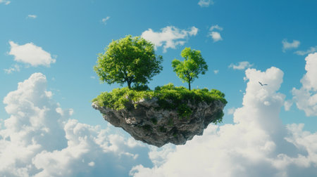 A floating island in a vast, empty sky, suspended in quiet solitude.の素材