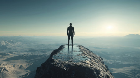 A man standing at the edge of a cliff, staring into the abyss, representing existential emptiness.の素材