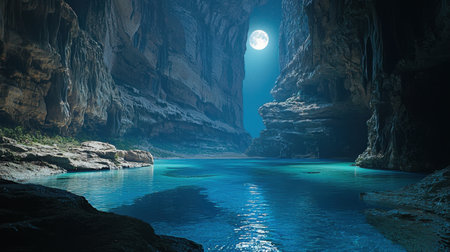 A mesmerizing scene unfolds as moonlight weaves its magic across a tranquil lagoon, casting an entrancing glow over the waters' mysterious depths.の素材