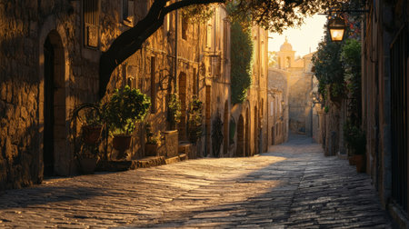 A lone shadow stretching across an empty alley, with no figure to cast it.の素材