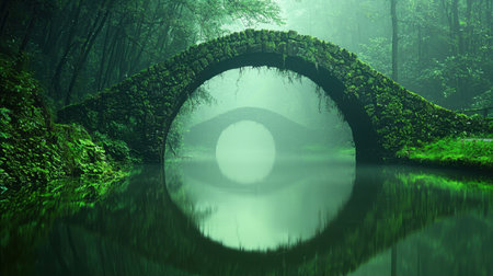 A moss-covered stone bridge arches gracefully over a tranquil river, whispering stories of history and timeless connectionsの素材