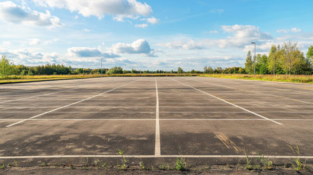 A vacant parking lot stretching into the horizon, its painted lines untouched by vehicles.の素材