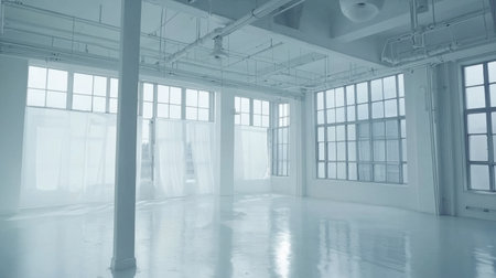 A vast, desolate white room with no furniture, evoking a sense of emptiness and solitude.の素材