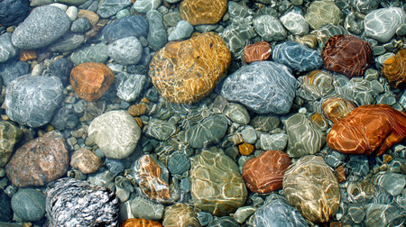 A shallow riverbed displays an exquisite tapestry of smooth pebbles, their earthy tones blending harmoniously under the rippling water.の素材