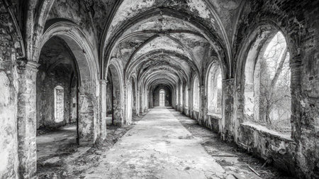 A never-ending corridor fading into darkness, with no exit in sight.の素材