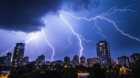 A stormy night in the city erupts in electric splendor, bolts of lightning crackling above skyscrapers in a mesmerizing light show.の素材