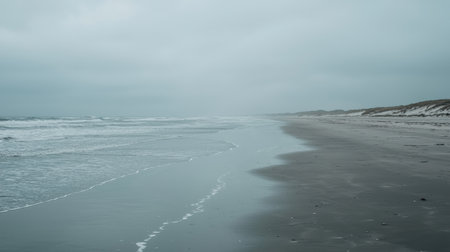 An abandoned beach with no footprints, only the endless waves rolling in solitude.の素材