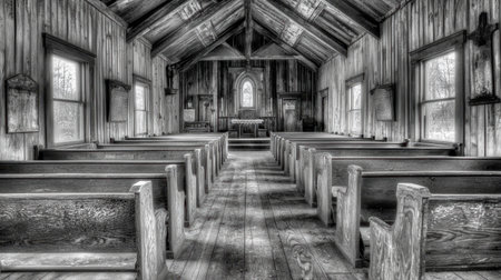 An abandoned church, its pews empty and dust-covered, echoing silent prayers.の素材