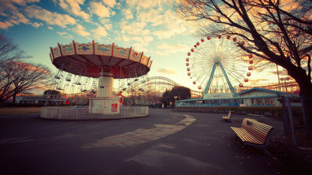 An empty amusement park, its rides frozen in time, lacking laughter and joy.の素材