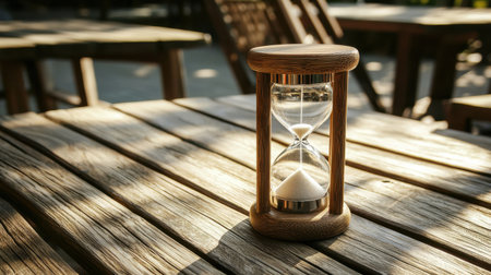 An empty hourglass resting on a wooden table, the last grain of sand frozen in time.の素材