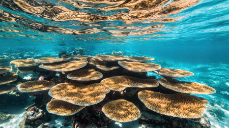 Awe-inspiring coral formations stretch beneath crystal waters, their vibrant patterns creating an underwater realm of mesmerizing beautyの素材