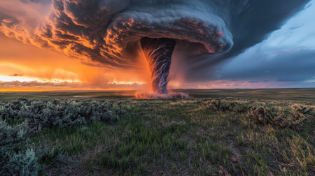 As the sky darkens, a twisting tornado rages across the plains, its terrifying beauty a testament to nature untamed fury.の素材