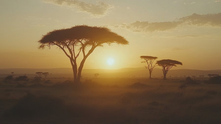 As the sun dips below the horizon, golden light bathes the Amboseli savanna, casting acacia trees into striking silhouettes against a fiery sky.の素材
