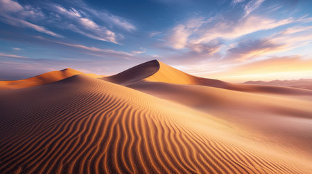 The first light of day caresses the desert rolling sands, casting long shadows and illuminating the rugged peaks in ethereal hues.の素材
