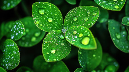 Glistening dewdrops cling to vibrant green leaves and delicate petals, reflecting the soft morning light in a dazzling display of nature's adornment.の素材