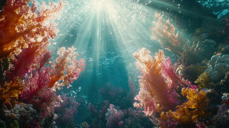 Sunlight filters through turquoise waters, illuminating a coral garden alive with exquisite textures and brilliant hues.の素材