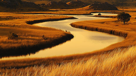 The soft curves of a meandering river glisten under the sun, its mirrored surface capturing the beauty of the lush panorama around itの素材