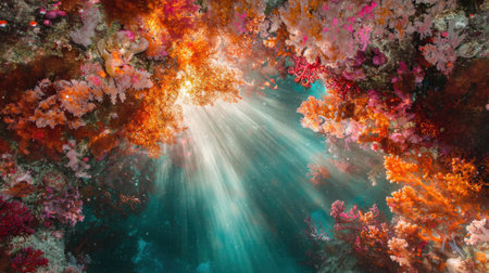 Sunlight filters through turquoise waters, illuminating a coral garden alive with exquisite textures and brilliant hues.の素材