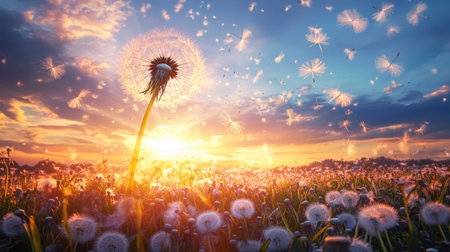 The wind scatters dandelion seeds against a radiant sky, a mesmerizing ballet of nature infinite cycle of endings and beginnings.の素材