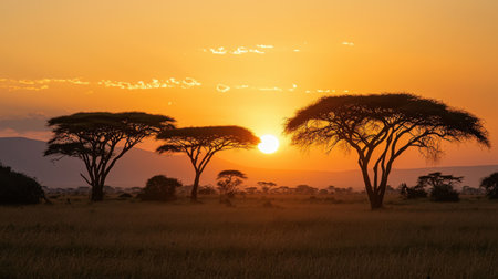 The vast savanna of Amboseli glows under the sunset embrace, acacia trees forming dark silhouettes against a vibrant amber sky.の素材