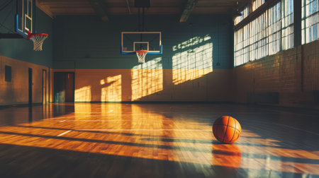 A basketball bouncing on a polished wooden court, casting a dramatic shadow.の素材