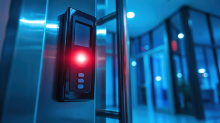 A fingerprint scanner glowing on a high-tech access control panel.の素材