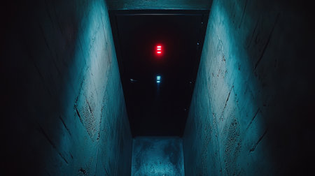 A dark server room with blinking red and blue security indicators.の素材