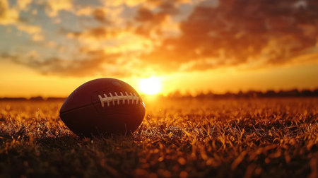 A football resting on the 50-yard line, ready for kickoff under golden evening light.の素材