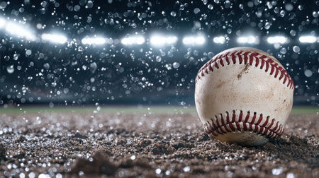 A close-up of a baseball on the infield dirt, with stadium lights in the background.の素材