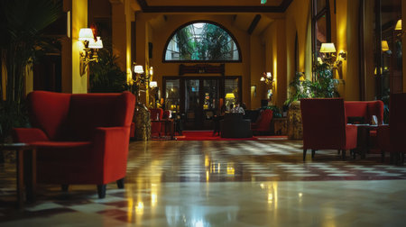 A five-star hotel lobby with luxurious furniture, high ceilings, and soft golden lighting.の素材