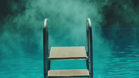 A diving board above a still pool, capturing the anticipation of the leap.の素材