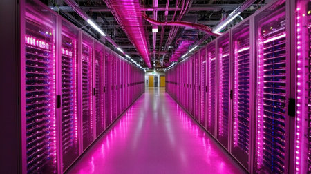 A data center with rows of illuminated server racks stretching into the distance.の素材